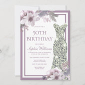 Paarse Floral Silver Diamond Dress 50th Birthday Kaart (Voorkant)
