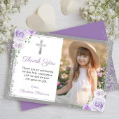 Paarse Floral Silver First Heilige Communfoto Bedankkaart