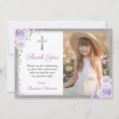 Paarse Floral Silver First Heilige Communfoto Bedankkaart (Voorkant)