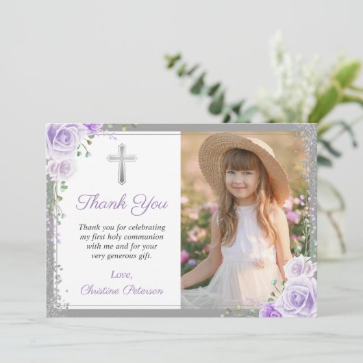 Paarse Floral Silver First Heilige Communfoto Bedankkaart (Staand voorkant)