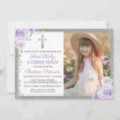 Paarse Floral Silver Girl 1e Heilige Communfoto Kaart (Voorkant)