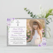 Paarse Floral Silver Girl 1e Heilige Communfoto Kaart (Staand voorkant)