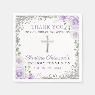 Paarse Floral Silver Glitter First Heilige Communi Servet
