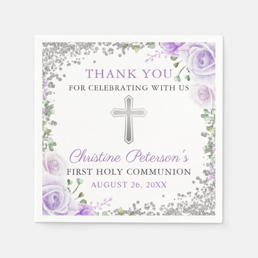 Paarse Floral Silver Glitter First Heilige Communi Servet (Voorkant)