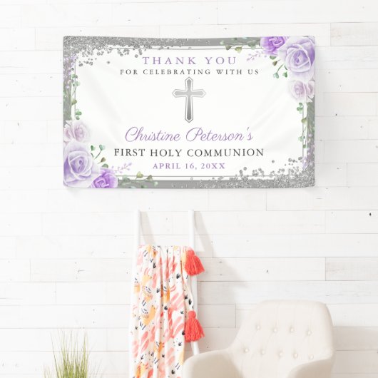 Paarse Floral Silver Glitter First Heilige Communi Spandoek (Insitu)