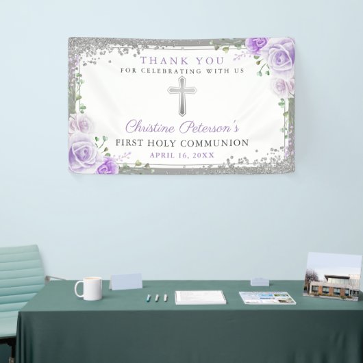 Paarse Floral Silver Glitter First Heilige Communi Spandoek (Beurs)