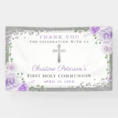 Paarse Floral Silver Glitter First Heilige Communi Spandoek (Horizontaal)