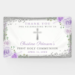 Paarse Floral Silver Glitter First Heilige Communi Spandoek