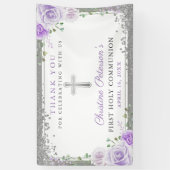 Paarse Floral Silver Glitter First Heilige Communi Spandoek (Verticaal)