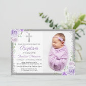 Paarse Floral Silver Glitter Girl Baptisme Foto Kaart (Staand voorkant)