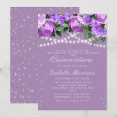 Paarse Floral Silver Glitter Quinceañera Kaart (Voorkant / Achterkant)