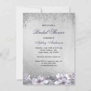 Paarse Floral Silver Glitter Vrijgezellenfeest Inv Kaart