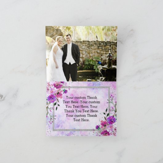 Paarse Floral & Silver Lijst bruiloft dank u Bedankkaart (Binnen)