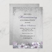 Paarse Floral Silver Shimmer Housewarming Party Kaart (Voorkant / Achterkant)