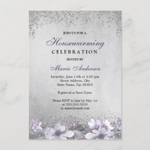 Paarse Floral Silver Shimmer Housewarming Party Kaart