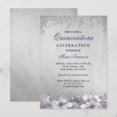 Paarse Floral Silver Shimmer Quinceanera Invite Kaart (Voorkant / Achterkant)