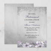 Paarse Floral Silver Shimmer Retirement Party Kaart (Voorkant / Achterkant)