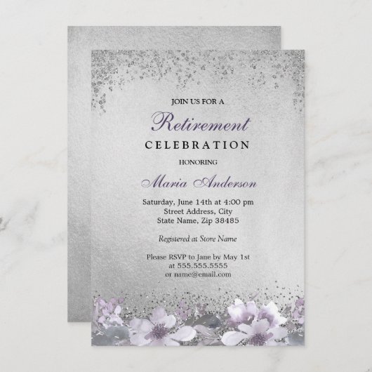 Paarse Floral Silver Shimmer Retirement Party Kaart (Voorkant / Achterkant)