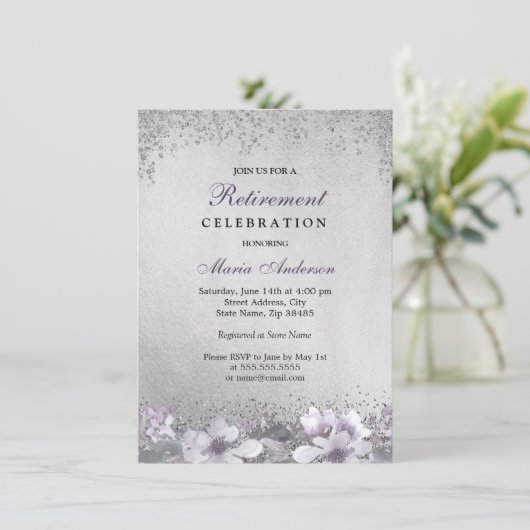 Paarse Floral Silver Shimmer Retirement Party Kaart (Staand voorkant)