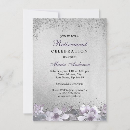 Paarse Floral Silver Shimmer Retirement Party Kaart (Voorkant)