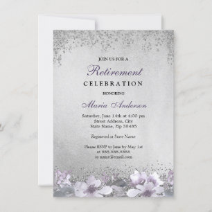 Paarse Floral Silver Shimmer Retirement Party Kaart