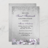 Paarse Floral Silver Shimmer Sweet 13 Invite Kaart (Voorkant / Achterkant)