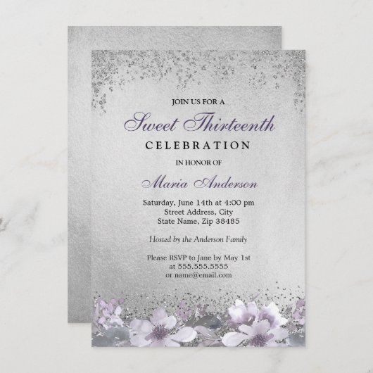 Paarse Floral Silver Shimmer Sweet 13 Invite Kaart (Voorkant / Achterkant)