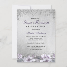 Paarse Floral Silver Shimmer Sweet 13 Invite Kaart