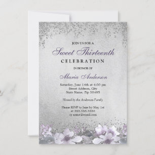 Paarse Floral Silver Shimmer Sweet 13 Invite Kaart