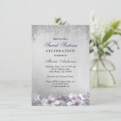 Paarse Floral Silver Shimmer Sweet 16 Invite Kaart (Staand voorkant)