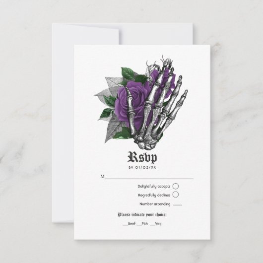 Paarse Floral Skeleton Gothic Wedding RSVP Kaartje (Voorkant)
