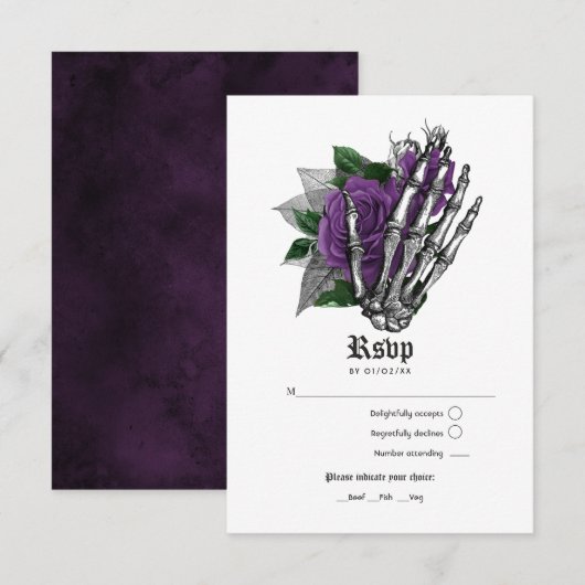 Paarse Floral Skeleton Gothic Wedding RSVP Kaartje (Voorkant / Achterkant)