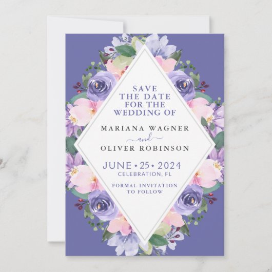 Paarse Floral sla de datum op Kaart (Voorkant)