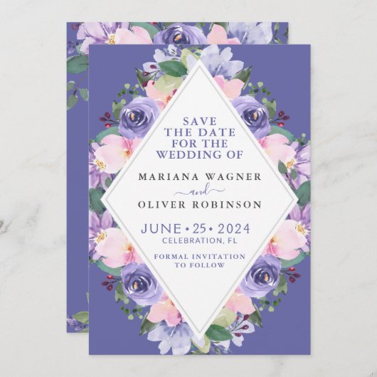 Paarse Floral sla de datum op Kaart (Voorkant / Achterkant)