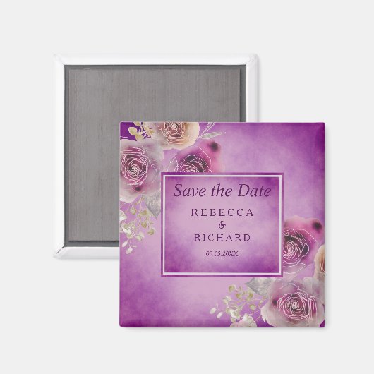 Paarse Floral sla de datum op Magneet (Voorkant / Achterkant)