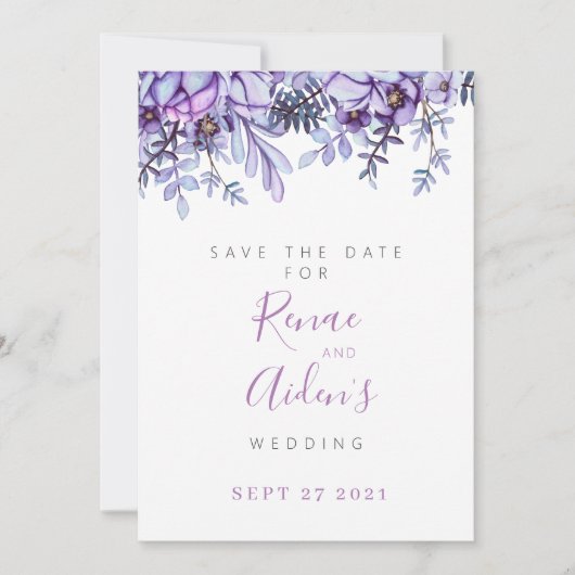 Paarse Floral Sla de datumkaart op Save The Date (Voorkant)