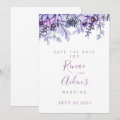 Paarse Floral Sla de datumkaart op Save The Date (Voorkant / Achterkant)