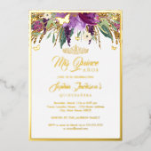 Paarse Floral Sparking Amethyst Quinceanera Folie Uitnodiging (Voorkant)