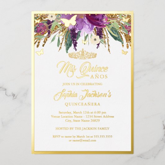 Paarse Floral Sparking Amethyst Quinceanera Folie Uitnodiging (Voorkant)