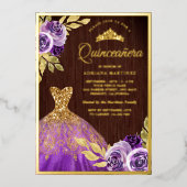 Paarse Floral Sparkle Dress Wood Quinceanera Gold Folie Uitnodiging (Voorkant)