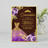Paarse Floral Sparkle Dress Wood Quinceanera Gold Folie Uitnodiging (Staand Voorkant)