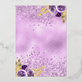 Paarse Floral Sparkle Dress Wood Quinceanera Gold Folie Uitnodiging (Achterkant)