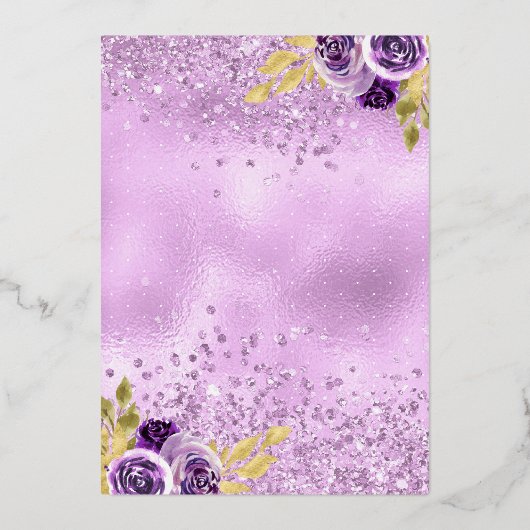 Paarse Floral Sparkle Dress Wood Quinceanera Gold Folie Uitnodiging (Achterkant)