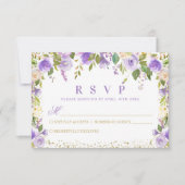 Paarse Floral Sparkle Gold Glitter RSVP Kaartje (Voorkant)