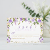 Paarse Floral Sparkle Gold Glitter RSVP Kaartje (Staand voorkant)
