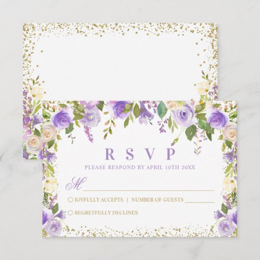 Paarse Floral Sparkle Gold Glitter RSVP Kaartje (Voorkant / Achterkant)