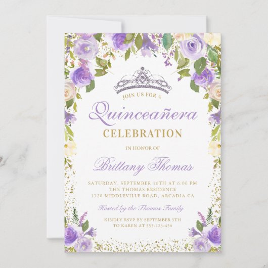 Paarse Floral Sparkle Quinceanera 15e verjaardag Kaart (Voorkant)