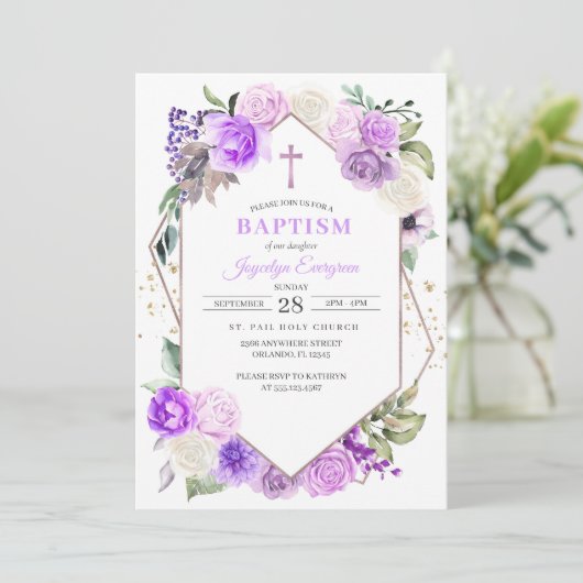 Paarse Floral Spring Baptism Kaart (Staand voorkant)