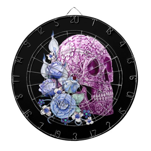 Paarse Floral Sugar Skull Blue Flowers Dartbord (Voorkant)