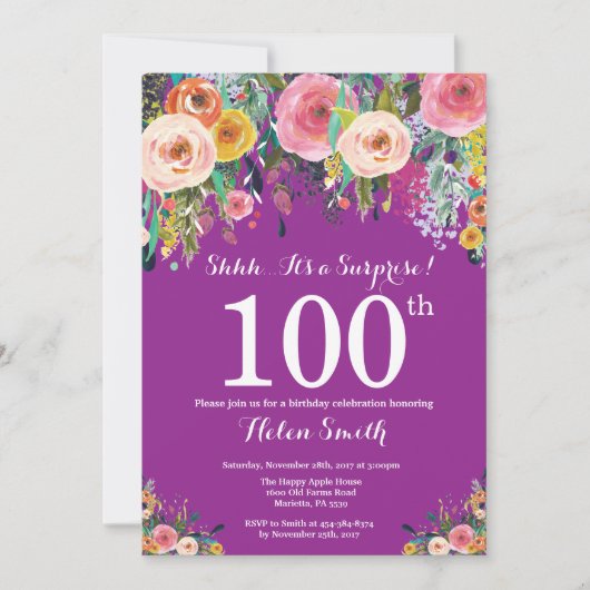 Paarse Floral Surprise 100th Birthday Invitation Kaart (Voorkant)